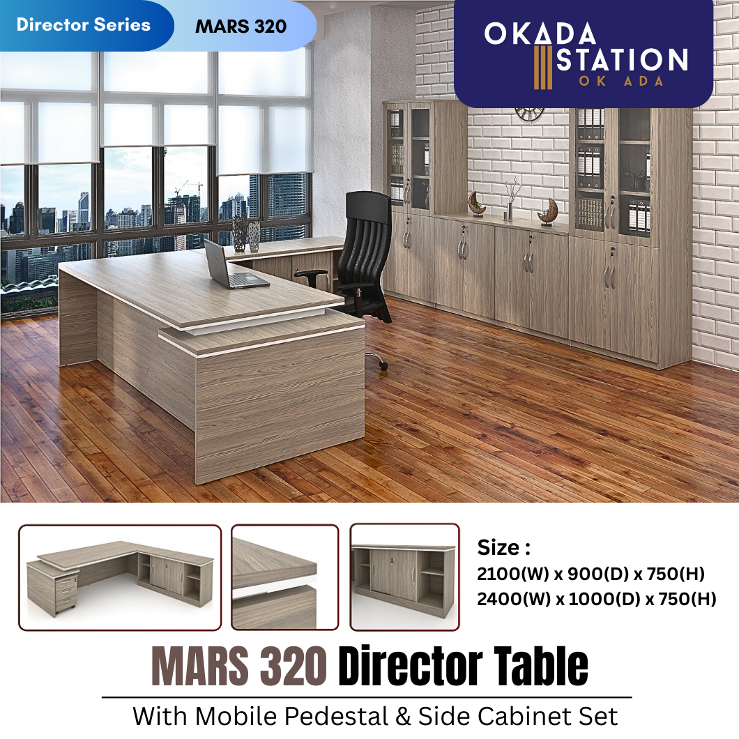 MARS 320 DIRECTOR TABLE - TABLE SET & COMBO SET / FOX / MATRIX SYSTEM / MARS 320 - 2100 / MARS 320 -2400 / TABLE WITH SIDE CABINET SET / TABLE WITH CABINET FULL SET / OFFICE TABLE / DIRECTOR TABLE / MEJA PEJABAT / MEJA JADUAL PENGARAH / 2100MM / 2400