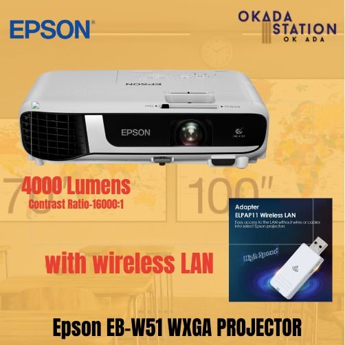 EPSON EB-W51 WXGA 4000 Lumen 3LCD Projector WITH WIRELESS MODULE SET / WITH ELECTRIC PROJECTION SCREEN / EPSON PROJECTOR
