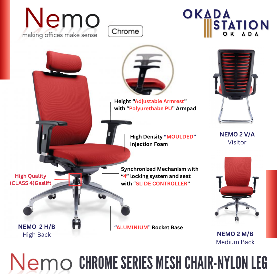 NEMO 2 ERGONOMIC OFFICE CHAIR - ALL SIZE / CHROME SERIES / OFFICE CONFERENCE CHAIR / OFFICE SWIVEL CHAIR / ERGONOMIC CHAIR / EXECUTIVE CHAIR / DIRECTOR CHAIR / OFFICE CHAIR / ALUMINIUM BASE / FABRIC / PU LEATHER / NEMO 2