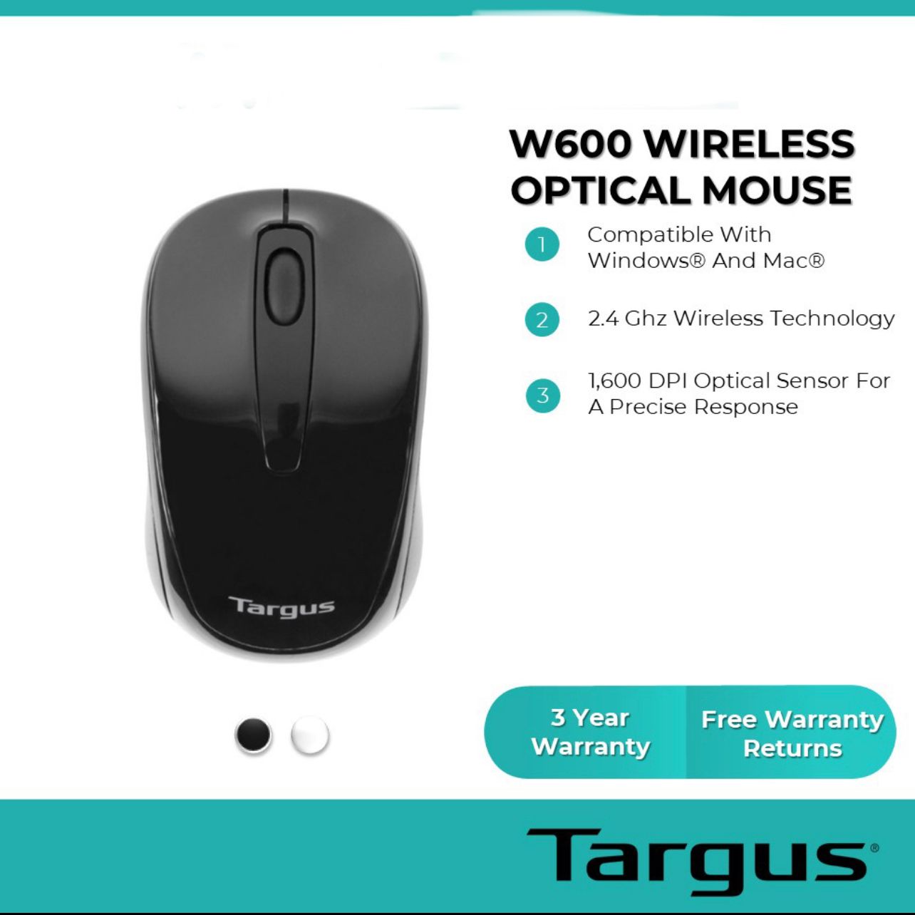 Targus W600 Wireless Mouse Optical 1600 DPI Wireless Mouse - Black/White