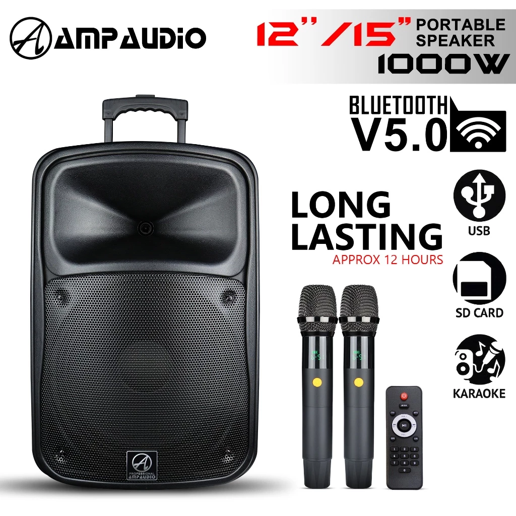 Ampaudio Portable 15 Inch Bluetooth Portable Speaker With 2 Wireless Mic