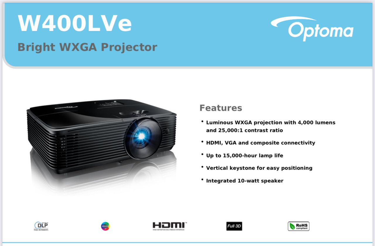 OPTOMA WXGA W400LVe BRIGHT XGA PROJECTOR / OPTOMA / PROJECTOR