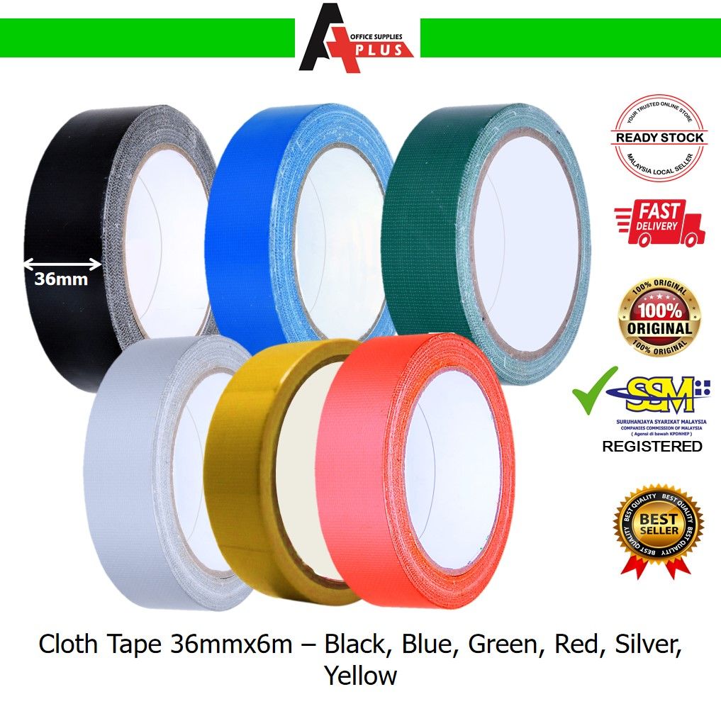 Cloth Tape 36mmx6m / Binding Tape / Pita Kain - Black, Blue, Green, Red, Silver, Yellow