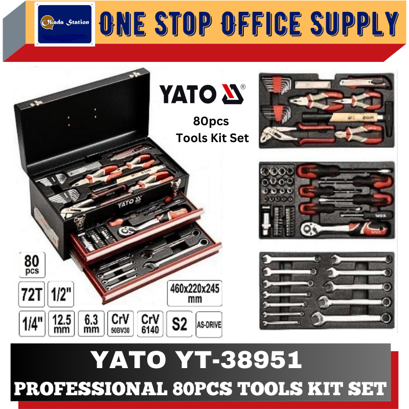 YATO YT-38951 PROFESSIONAL 80PCS 3 DRAWER TOOLS KIT SET / TOOL KIT SET / HAND TOOL SET / HAND TOOL ACCESSORIES SET / TOOL ACCESORIES SET / TOOL KIT / 3 DRAWER / 80PCS