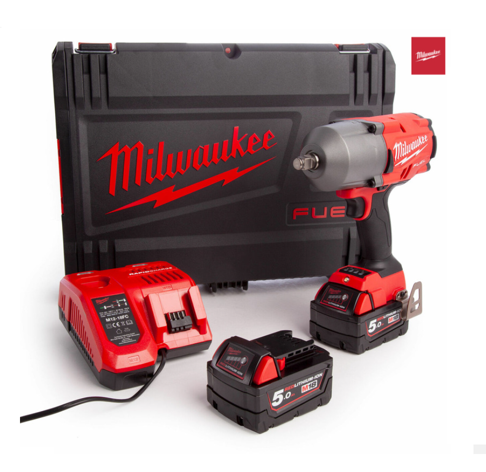 Milwaukee M18FHIWF12 18V Fuel GEN2 1/2" Impact Wrench Kit (2 x 5.0Ah RedLithium-Ion Batteries, Charger & Case)