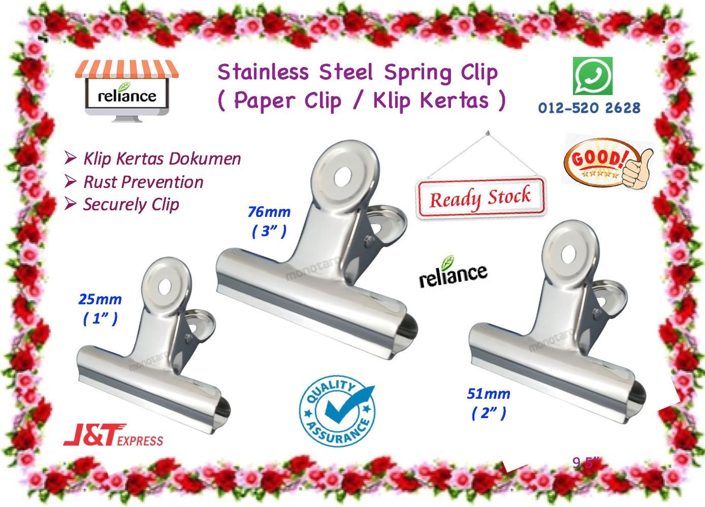 Stainless Steel Spring Clip / Binder Clip / Bulldog Clip / Document Clip / Paper Clip / Klip Kertas # Saiz : 25mm / 51mm / 76mm # RS1679 ( KTT : 1 unit )