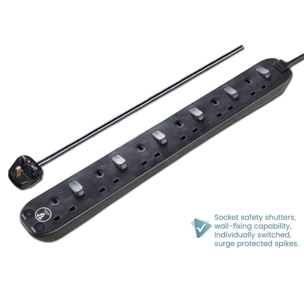 MASTERPLUG SURGE PROTECTOR 6 SOCKET 2 METER 13AMPS SWITCHED EXTENSION LEAD SAFETY SHUTTERED POWER CORD