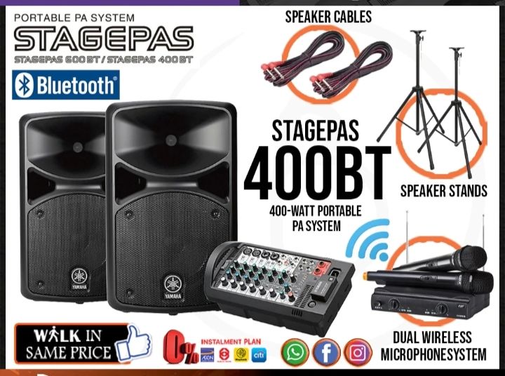 Yamaha Stagepas 400BT Portable PA System Set Bluetooth Version with Dual (2 Mics) Channel Wireless Microphone Set Free delivery