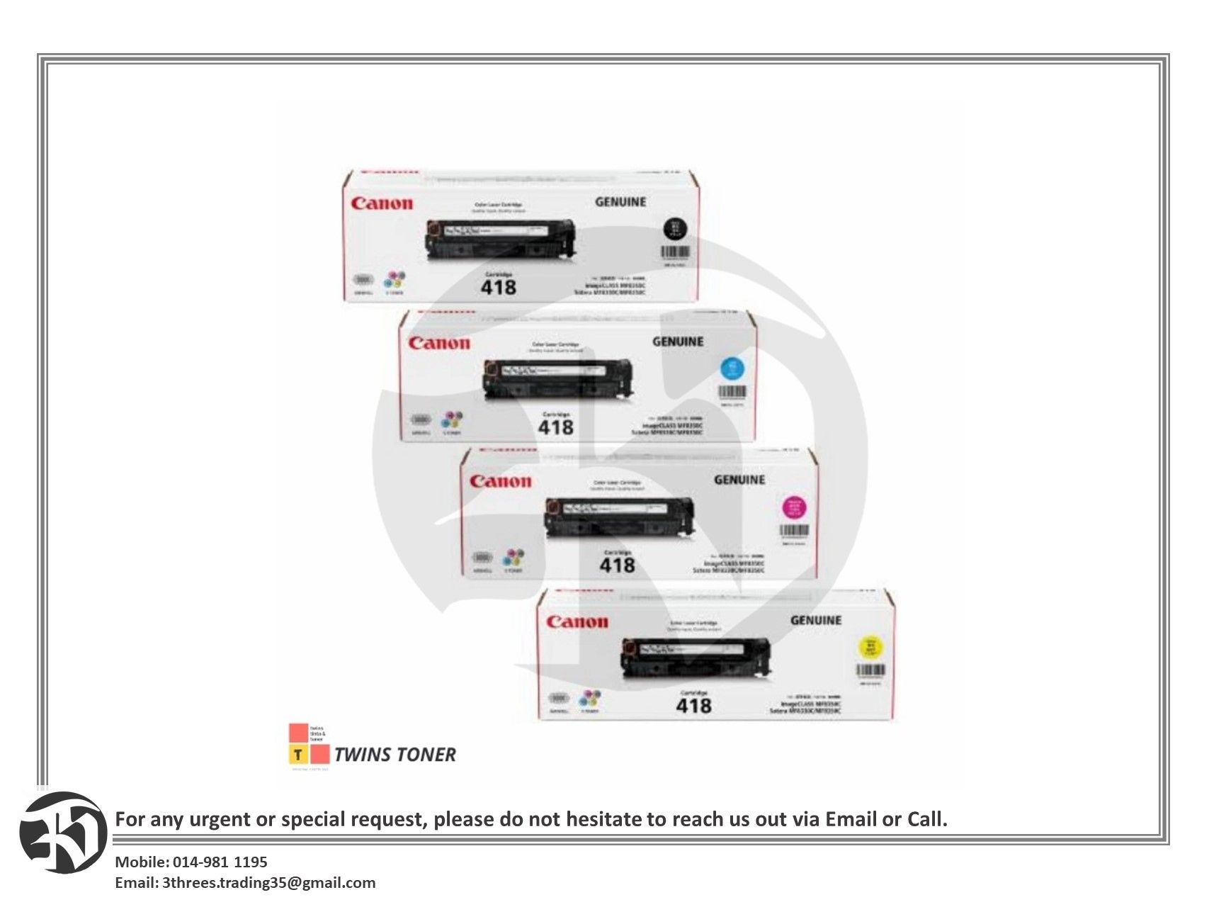Canon 418 Cart 418 Colour Laser Toner Cartridge Black / Cyan / Yellow / Magenta LBP7110Cw, LBP7100Cn, MF8280Cw