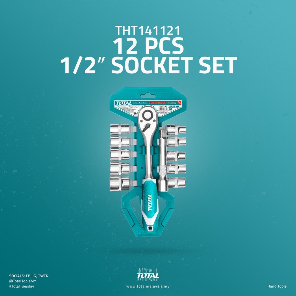 TOTAL SOCKET SET - SOCKETS (1/2"/10MM-24MM/10 PCS) + QUICK RELEASE RATCHET HANDLE + BAR THT141121