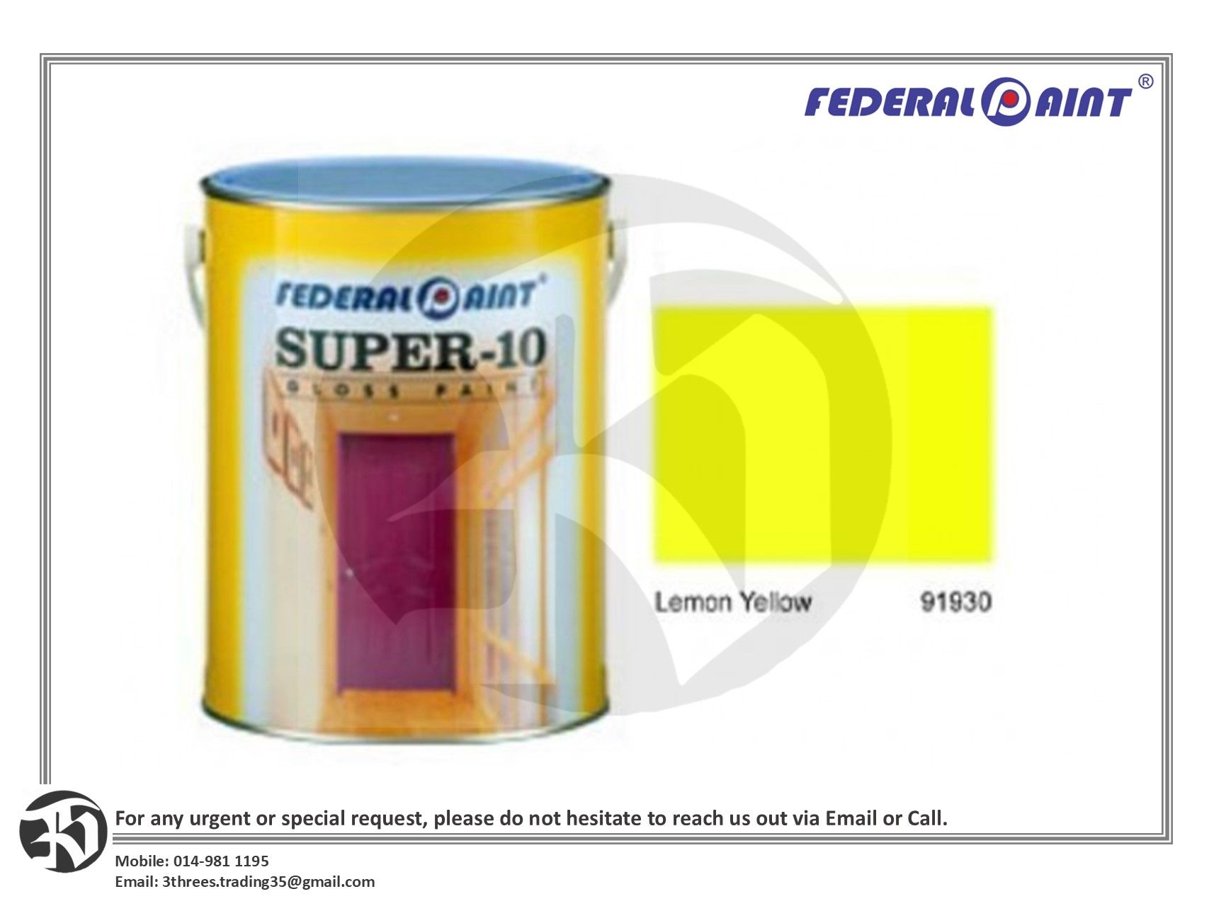 Federal Paint Super10 Gloss Paint Lemon Yellow 1L