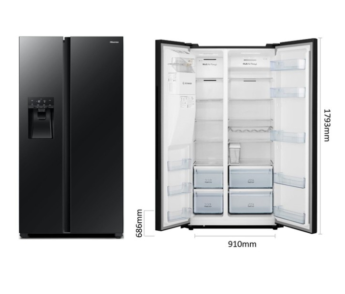 *Hisense Side By Side 640L Black Glass Door Inverter Ice & Water Dispenser Fridge Refrigerator
