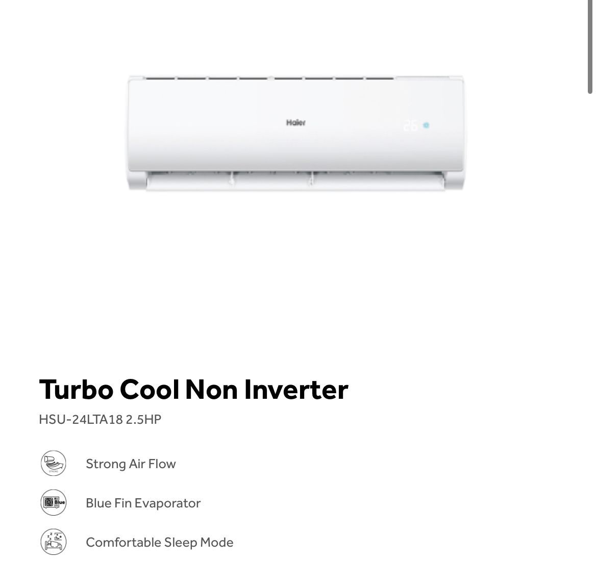 Haier Air Conditioners Turbo Cool Non Inverter HSU-24LFA 2.5HP (Used R32 Gas)