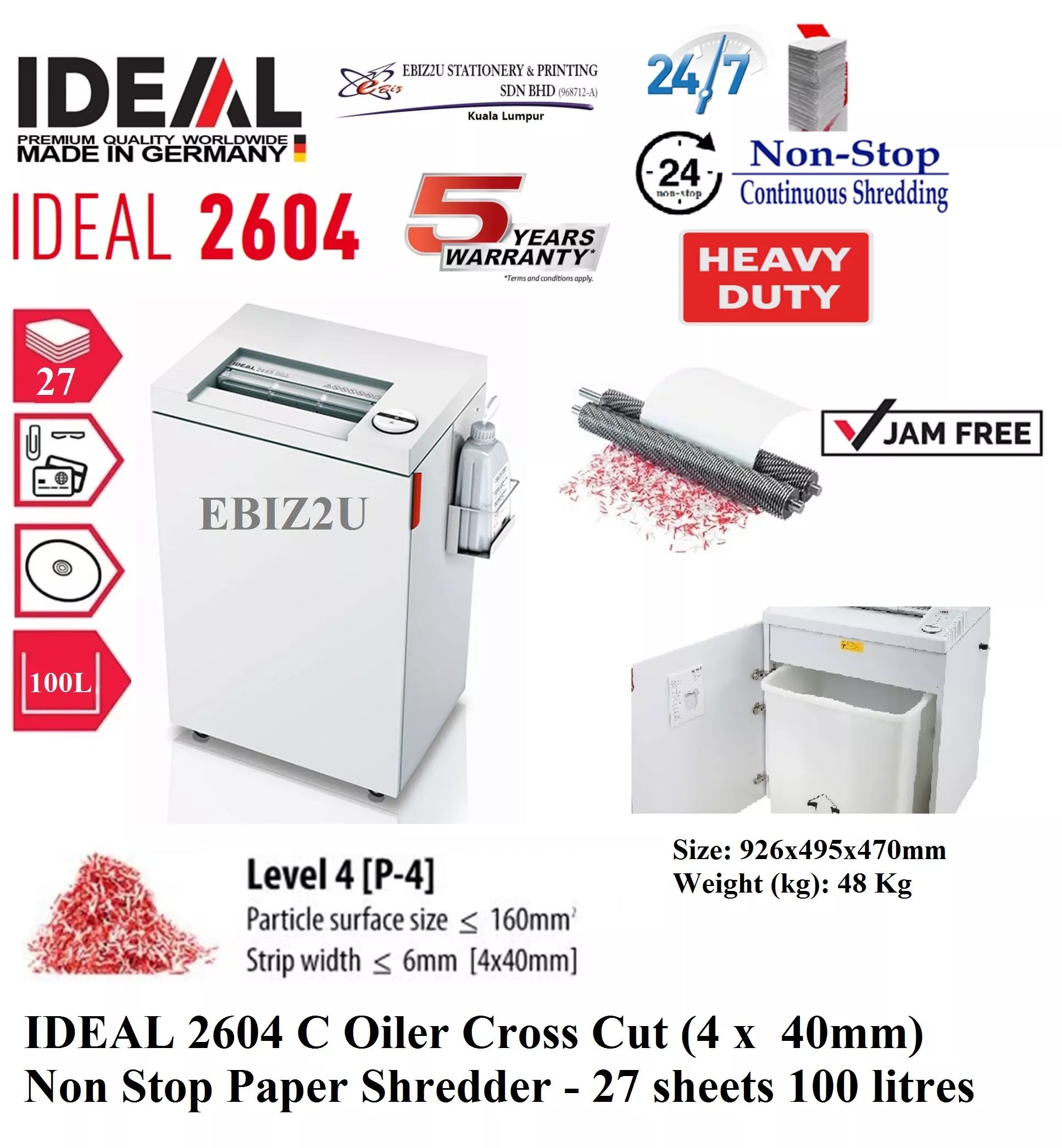 IDEAL 2604 C Oiler Cross Cut Non Stop Paper Shredder - 27 sheets 100 litres (Paper Shredder, Shredder Machine, Office Shredder, Mesin Penghancur Kertas, Heavy Duty Shredder, Heavy Duty Paper Shredder)