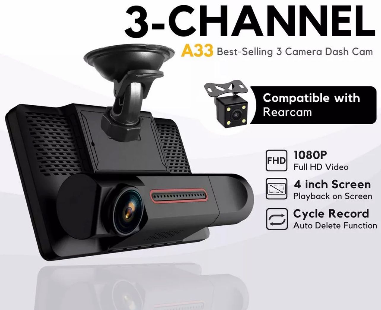 Safecam Dashcam camera 1080P Front Cam + Inner Cam + Rear Cam (4") + Memory 32GB