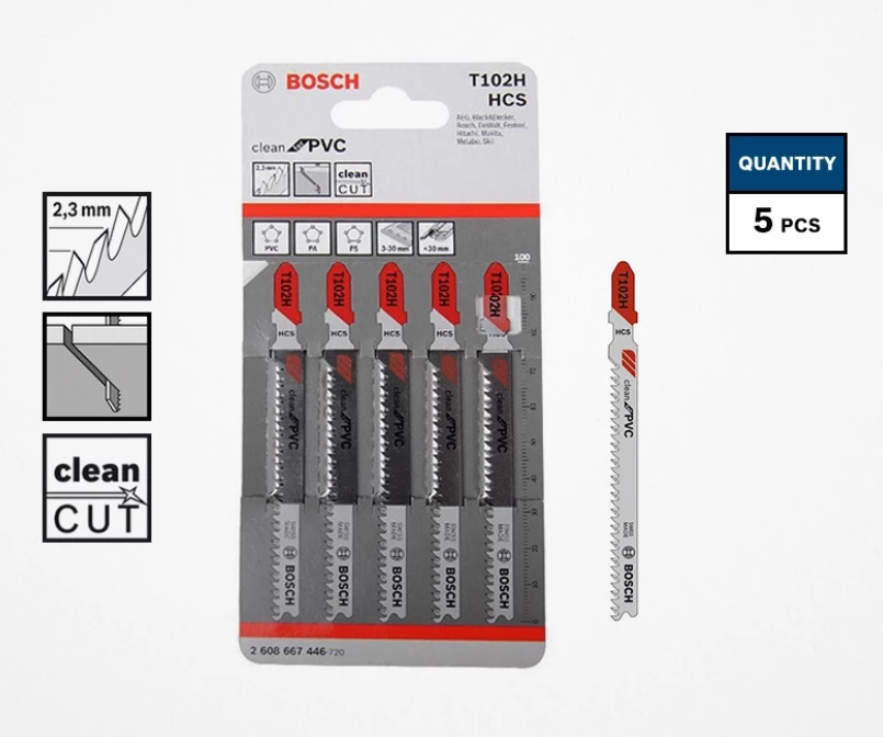 BOSCH T102H JIGSAW BLADE CLEAN FOR PVC CUTTING (5 PCS) - (2608667446)