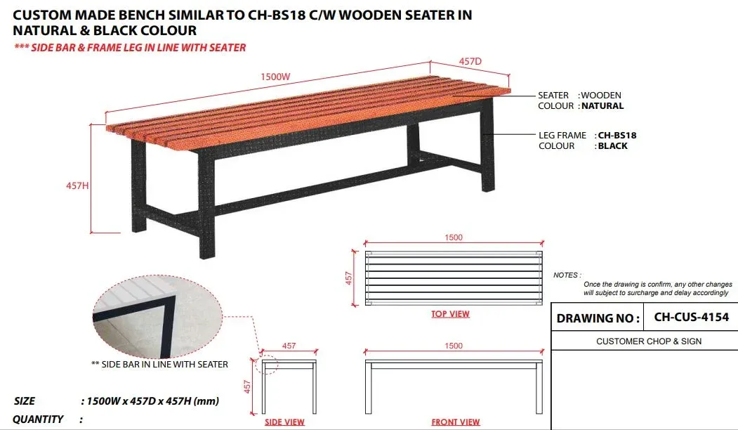 CUSTOM MADE BENCH C/W WOODEN SEATER IN NATURAL & BLACK COLOUR