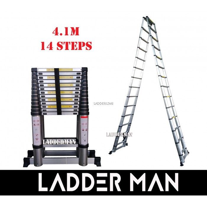 DOUBLE-SIDED TELESCOPIC EXTENDABLE ALUMINIUM LADDER 4.1M - 14 Steps