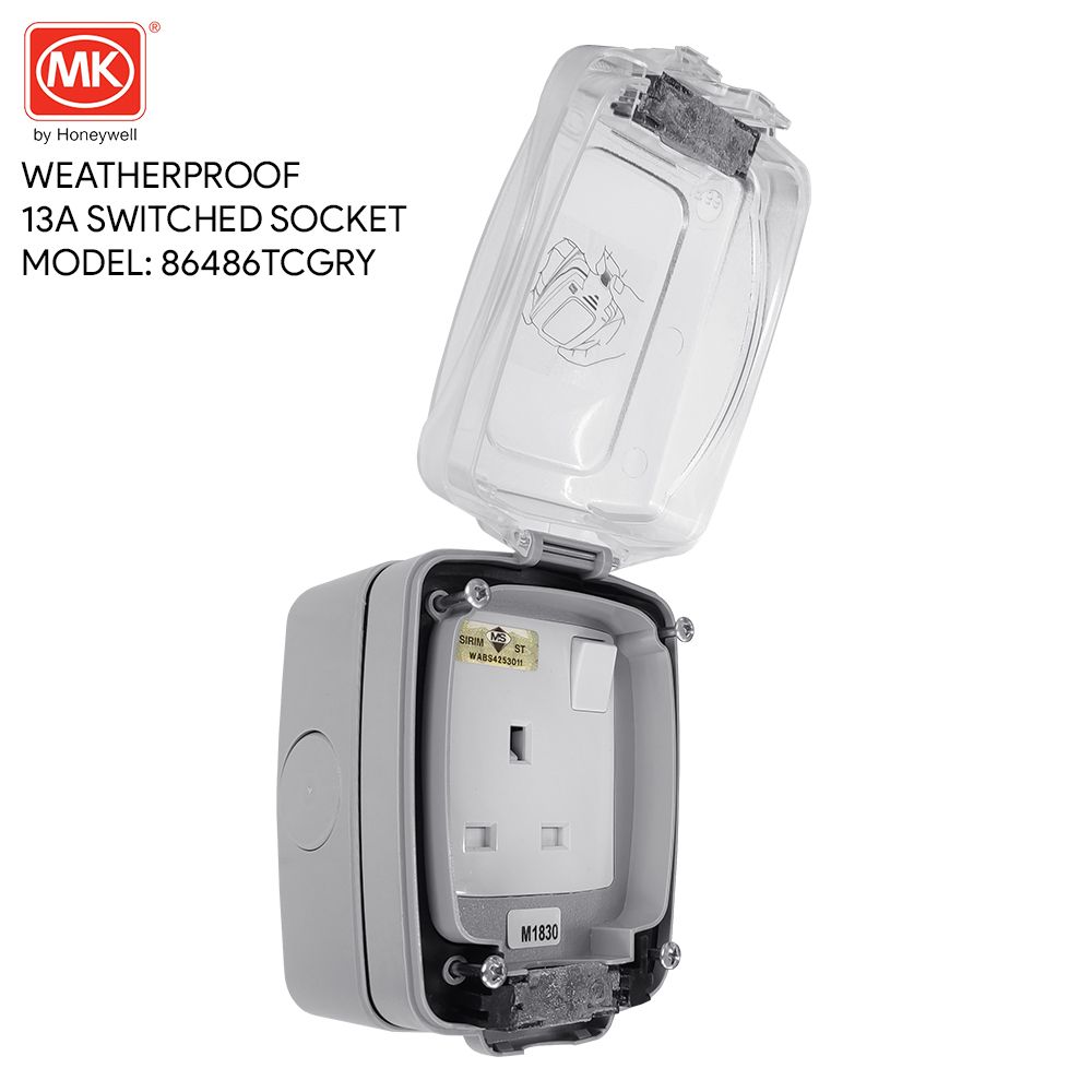 MK WEATHERPROOF 13A SINGLE SOCKET Transparent Cover + Grey Body (86486-TC-GRY)