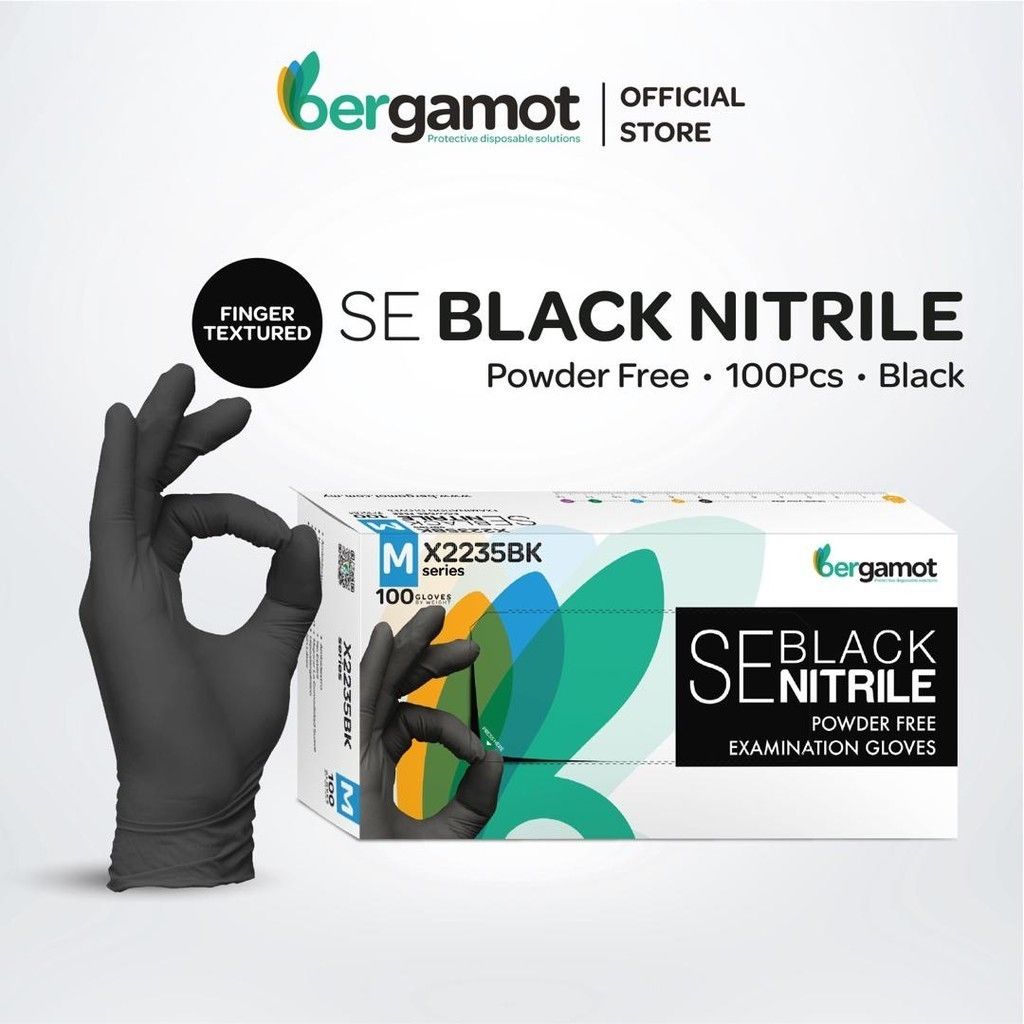 BERGAMOT X2235BK Black Nitrile Powder Free Examination Gloves 100pcs [10Box/Carton]