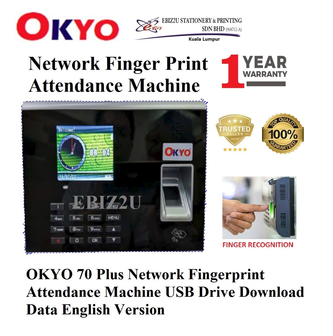 OKYO 70 Plus Network Fingerprint Attendance Machine USB Drive Download Data English Version (mesin perakam waktu, punch card machine, punch card machine, mesin kad punch, time recorder machine, time recorder) not include installation