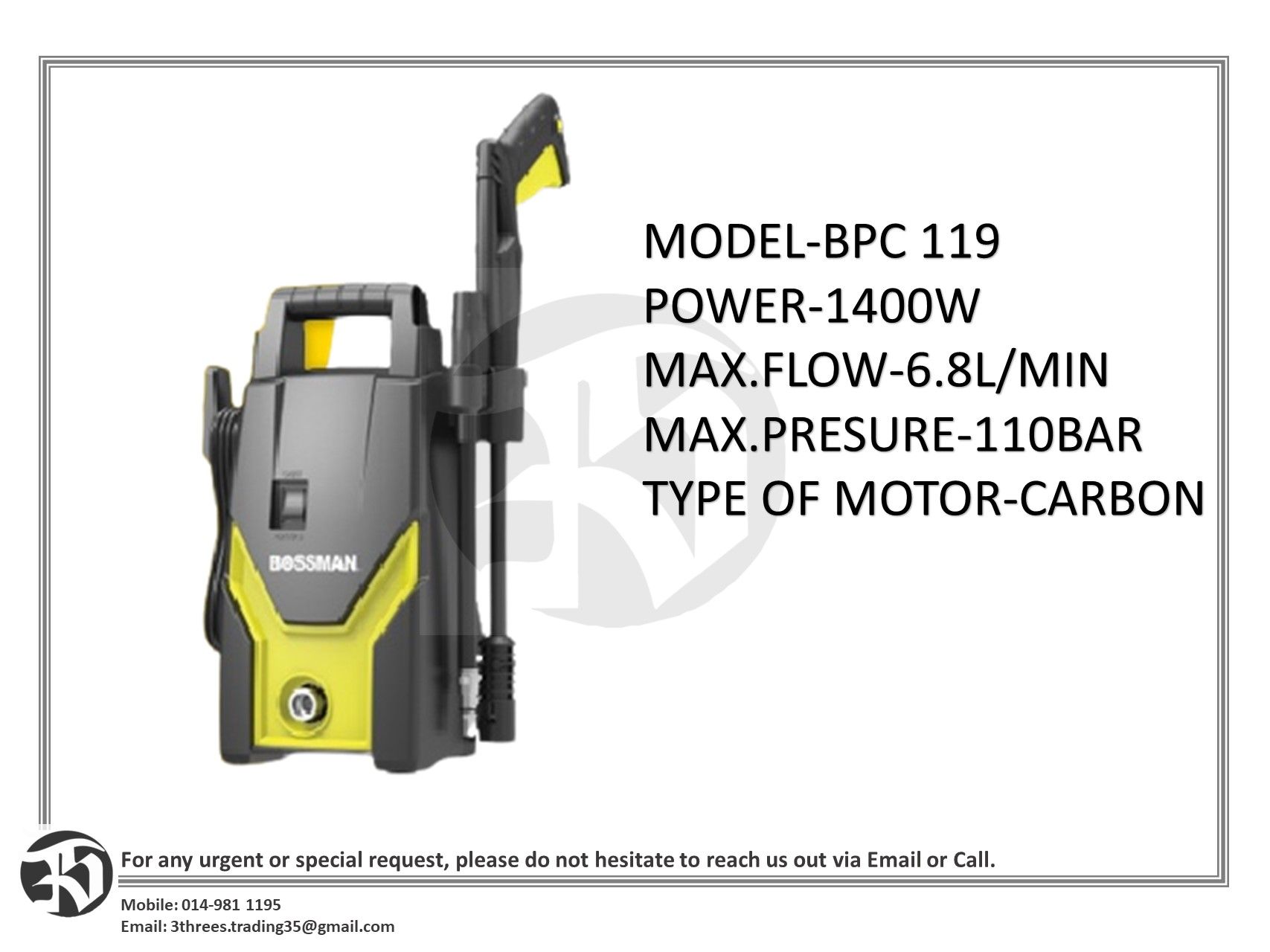 Bossman BPC117 Water Jet High Pressure Washer Mesin Cuci Kereta Water Jack Waterjet Sprayer Machine