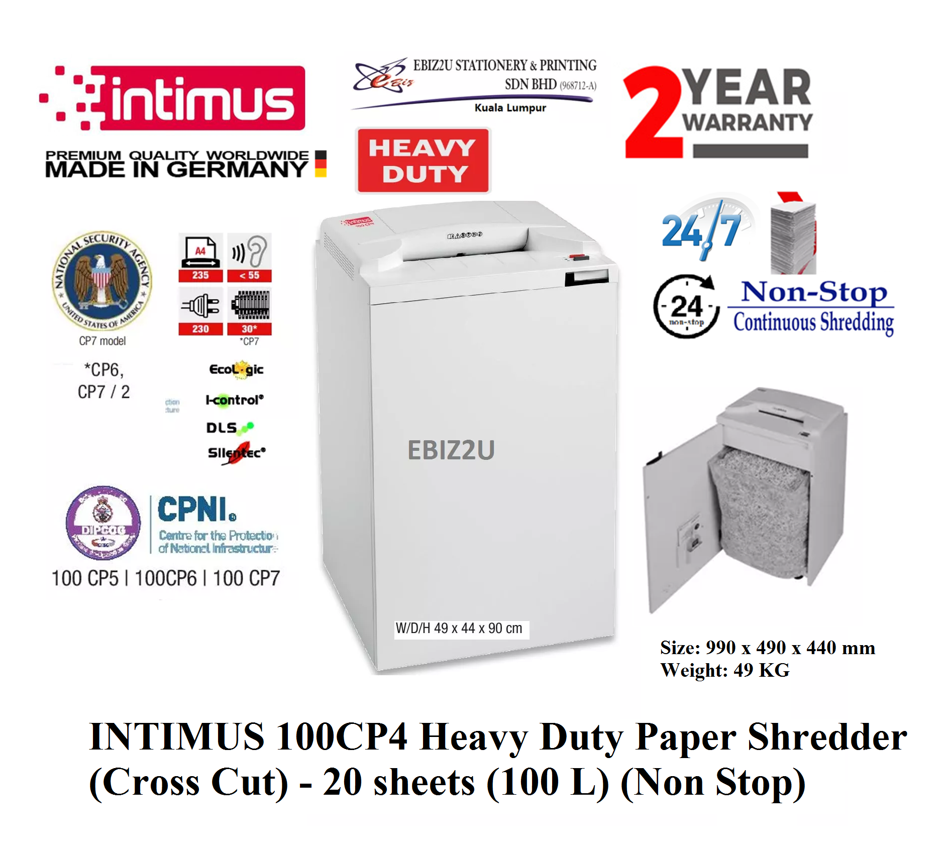 INTIMUS 100 CP4 Paper Shredder (Shred Capacity: 18-20 Sheets, Cross Cut: 3.8x30mm, Bin Capacity: 100 Liters)_Made in Germany