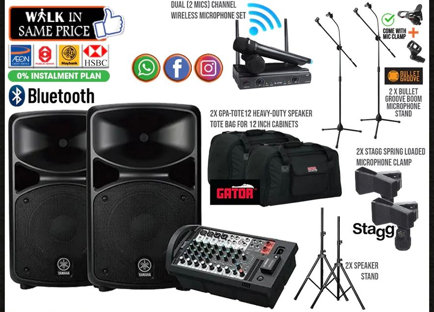 Yamaha Stagepas 600BT Portable PA System Set Bluetooth Version with Dual Channel Wireless Mics, Microphone Stands, Speaker Stands and Speaker Bags