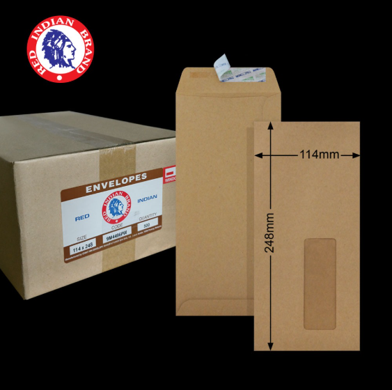 4.5"X9.75" RED INDIAN 90GM BROWN MANILA WINDOW P&S POCKET ENVELOPE (500'S X 2 BOXES)