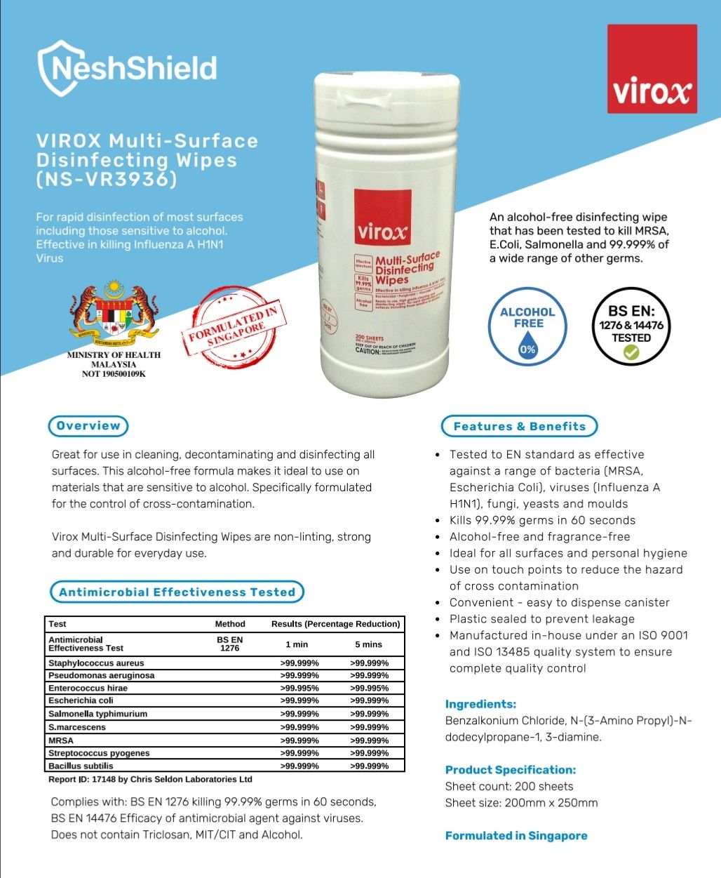 Virox multi-surface desinfecting wipes NS-VR3936 200sheets (Alcohol-Free)