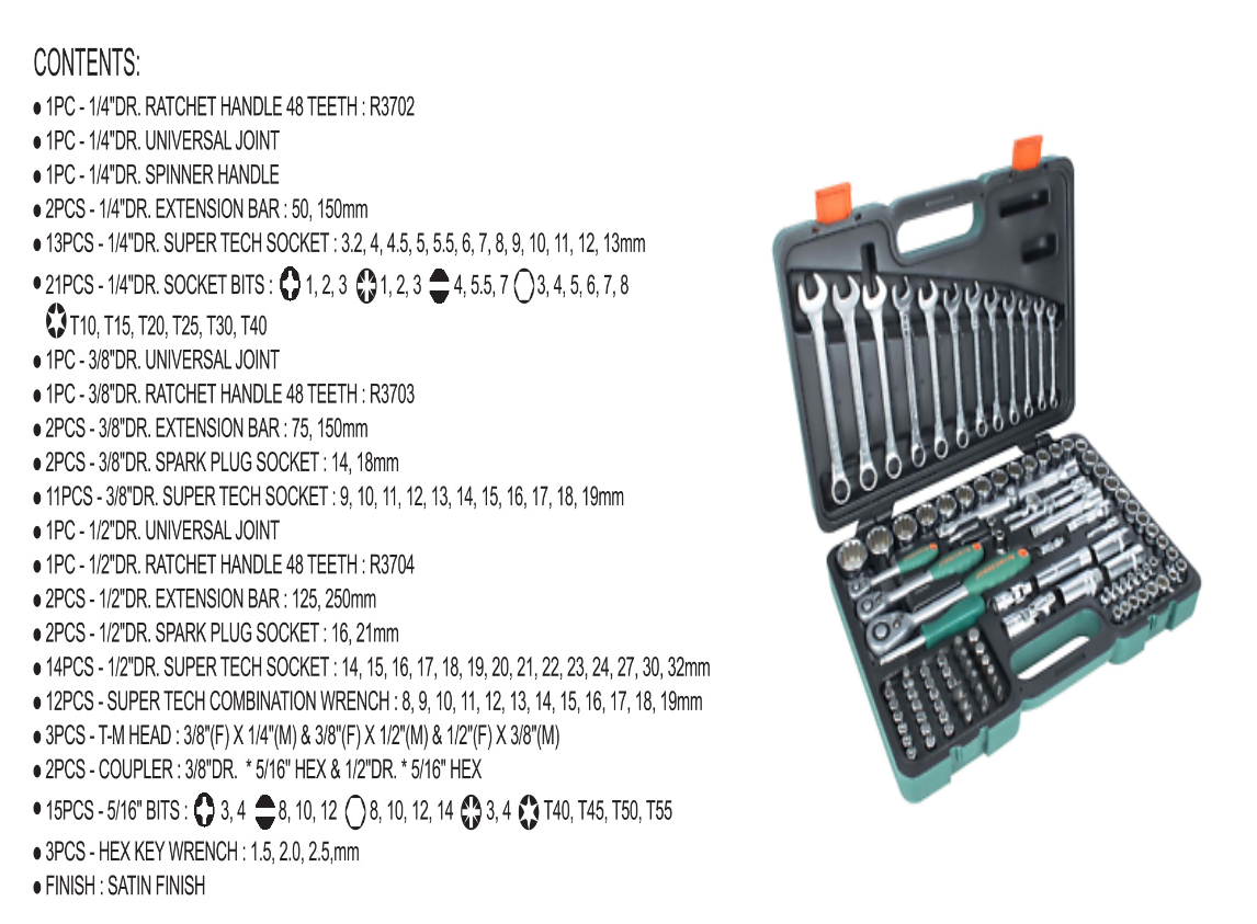 JONNESWAY 111PCS 1/4", 3/8" & 1/2" DR. SUPER TECH SOCKET SET