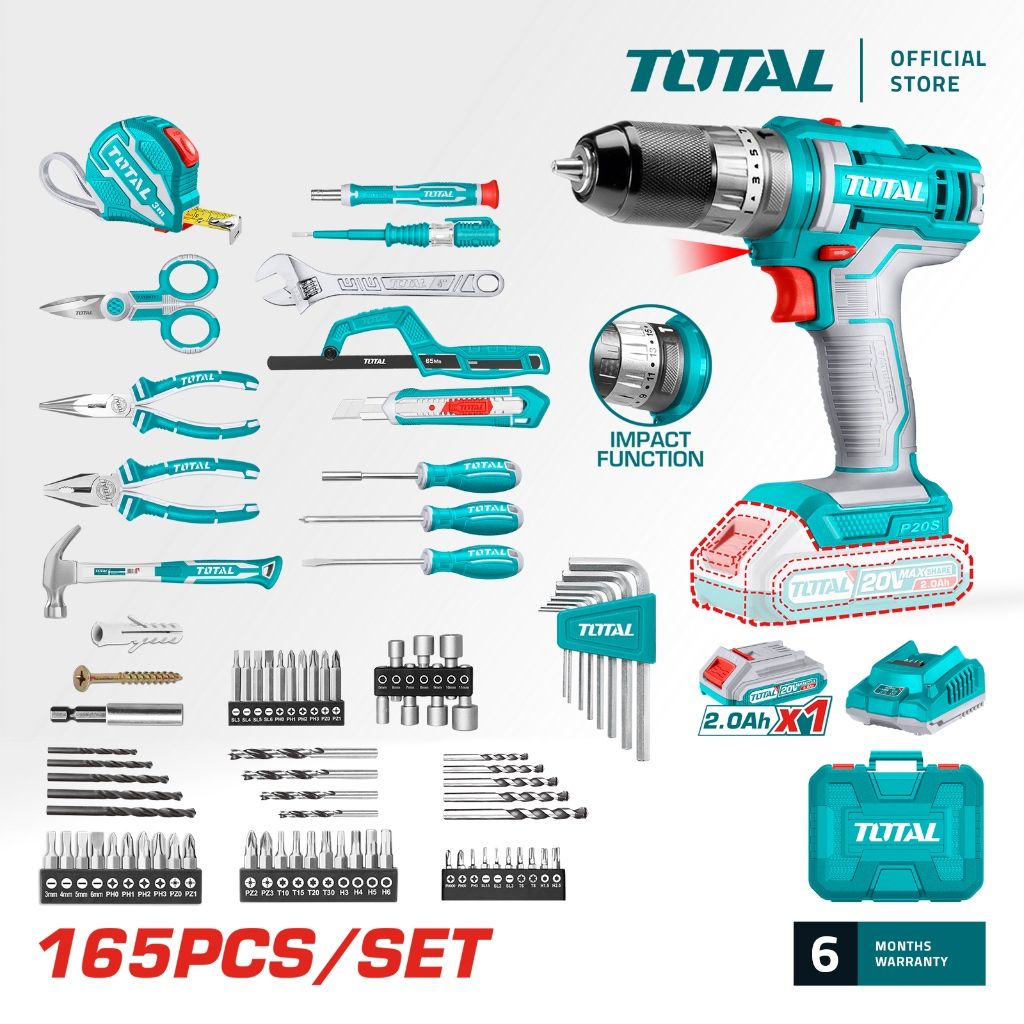 TOTAL TOOLS SET (165 PCS) P20S CORDLESS DRILL (20V) + SCREWDRIVER + PLIERS + BIT + MEASURING TAPE + CASE THKTHP11652