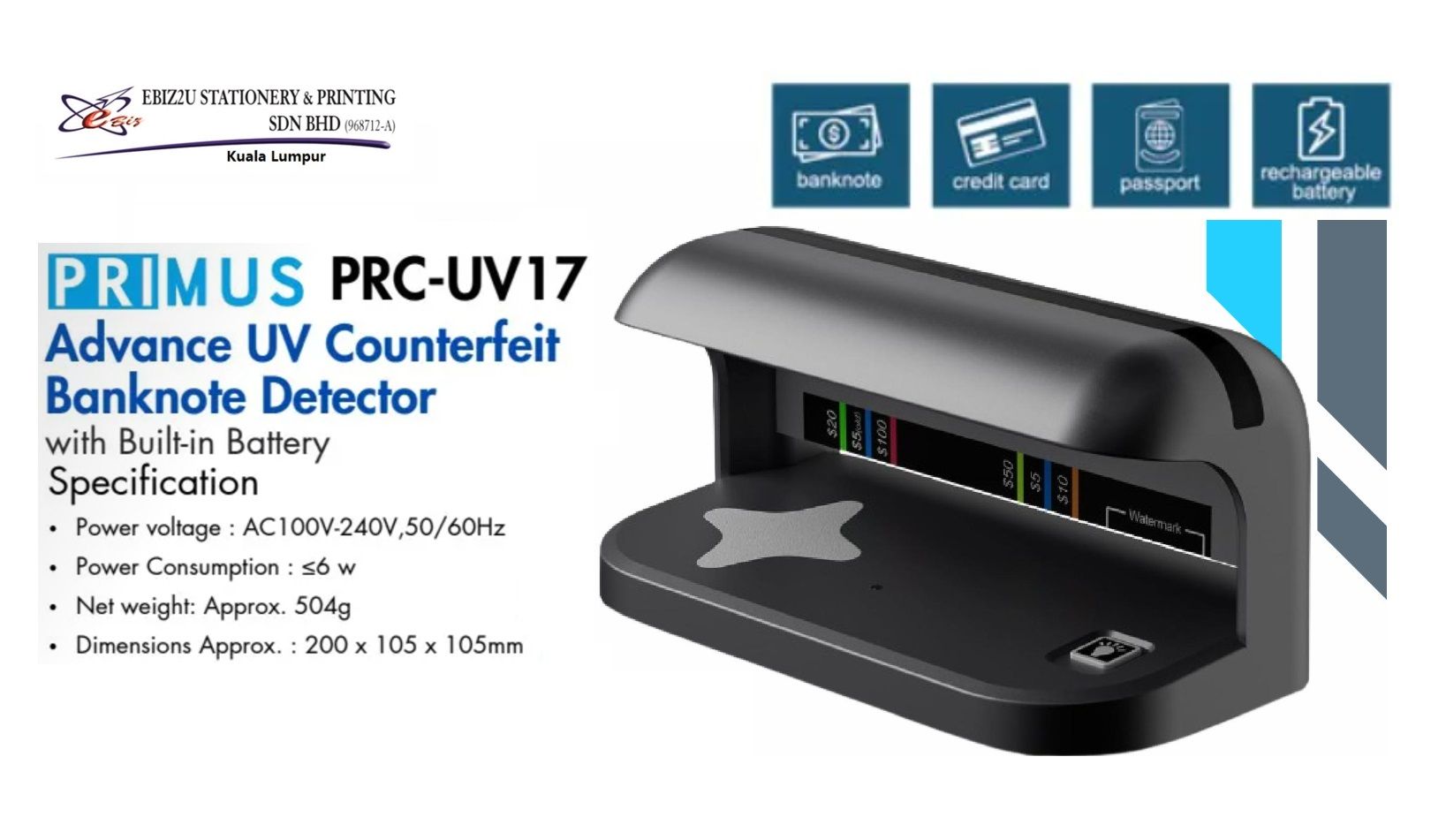 PRIMUS PRC-UV17 Advance UV Counterfeit Banknote Detector (Note Detector, Counterfeit Detection, Ultra Violet , Infra Red,Fake Notes,Counterfeit Note Detector)