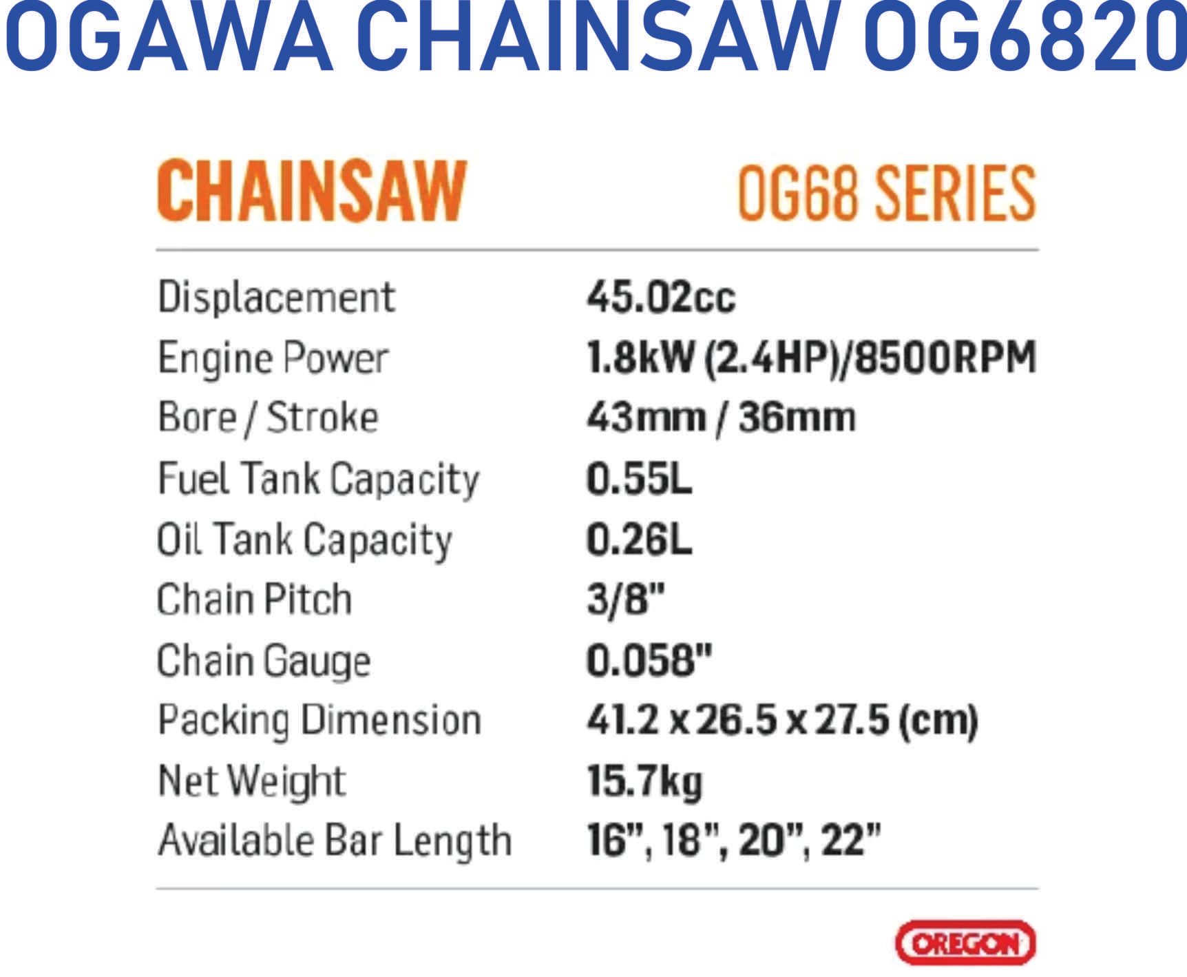 OGAWA CHAINSAW OG6820- 16", 18"& 20" BLADE FREE DELIVERY