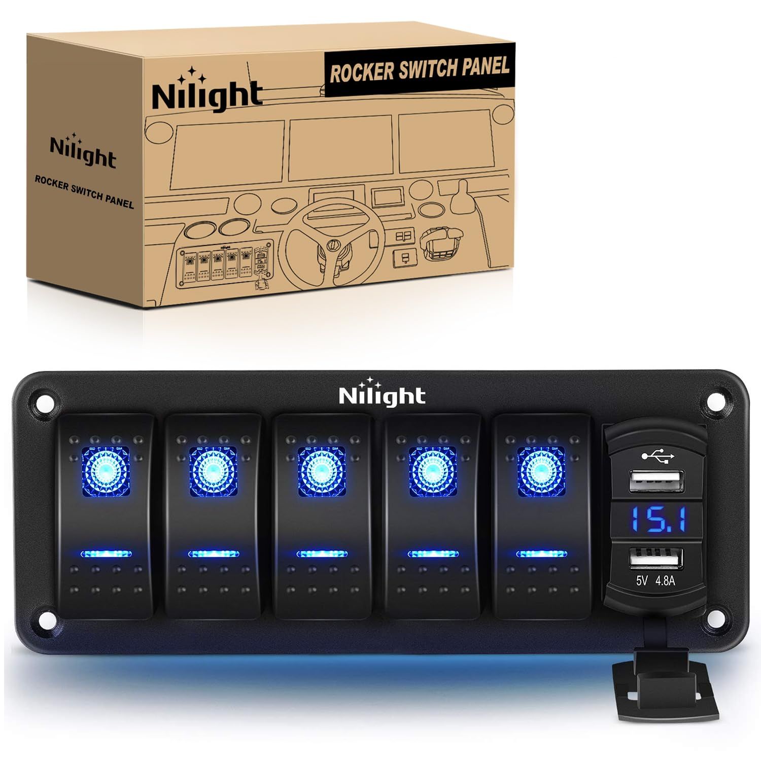 5 Gang Rocker Switch Panel with 4.8 Amp Dual USB Charger Voltmeter Waterproof 12V 24V DC Rocker Switch with Glow Sticker ( 5 Switch + USB Charger)