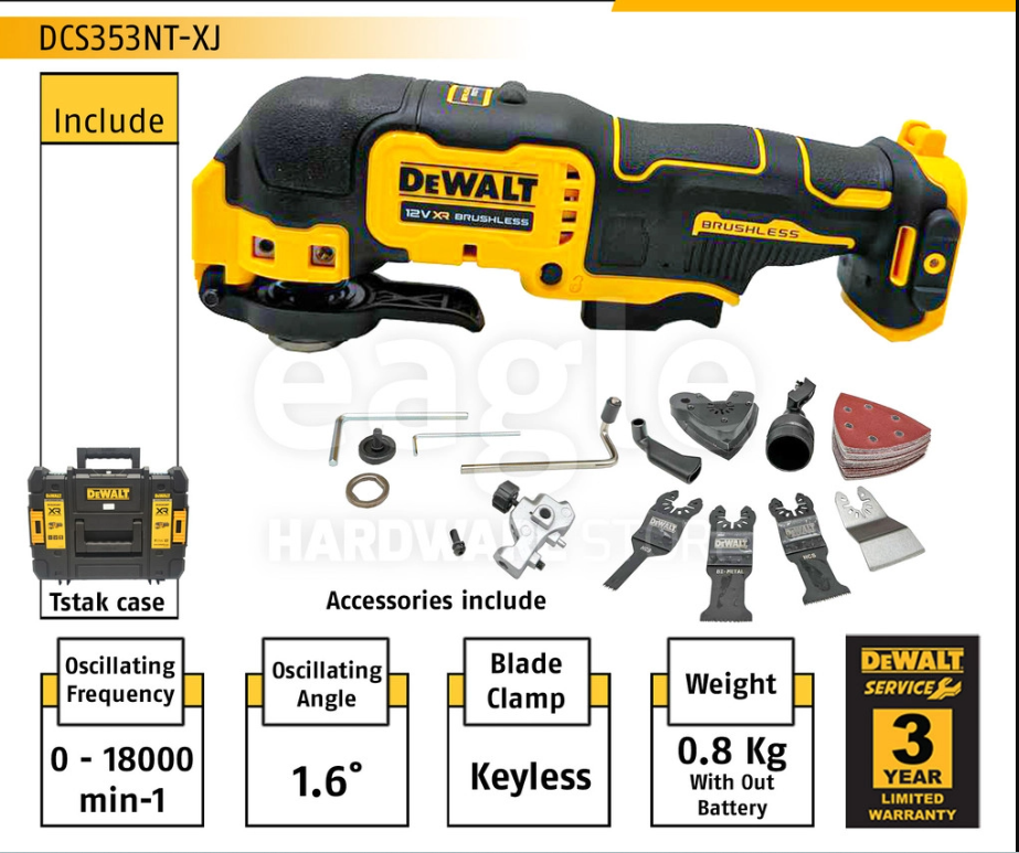 DEWALT DCS353NT-XJ 10.8/12V BRUSHLESS CORDLESS OSCILLATING MULTI TOOL, ACCESSORIES ( BARE UNIT ) ( DCS353NT, DCS383 )