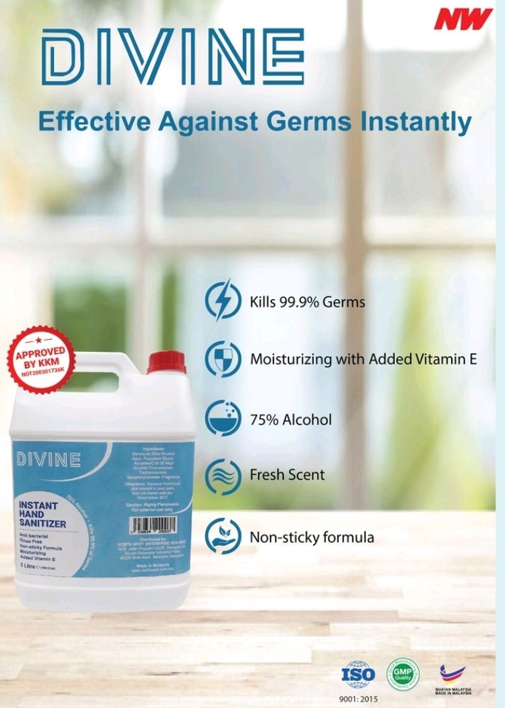 Divine 5Litre Instant (Gel) Hand Sanitizer Non-sticky,75% alchohol.