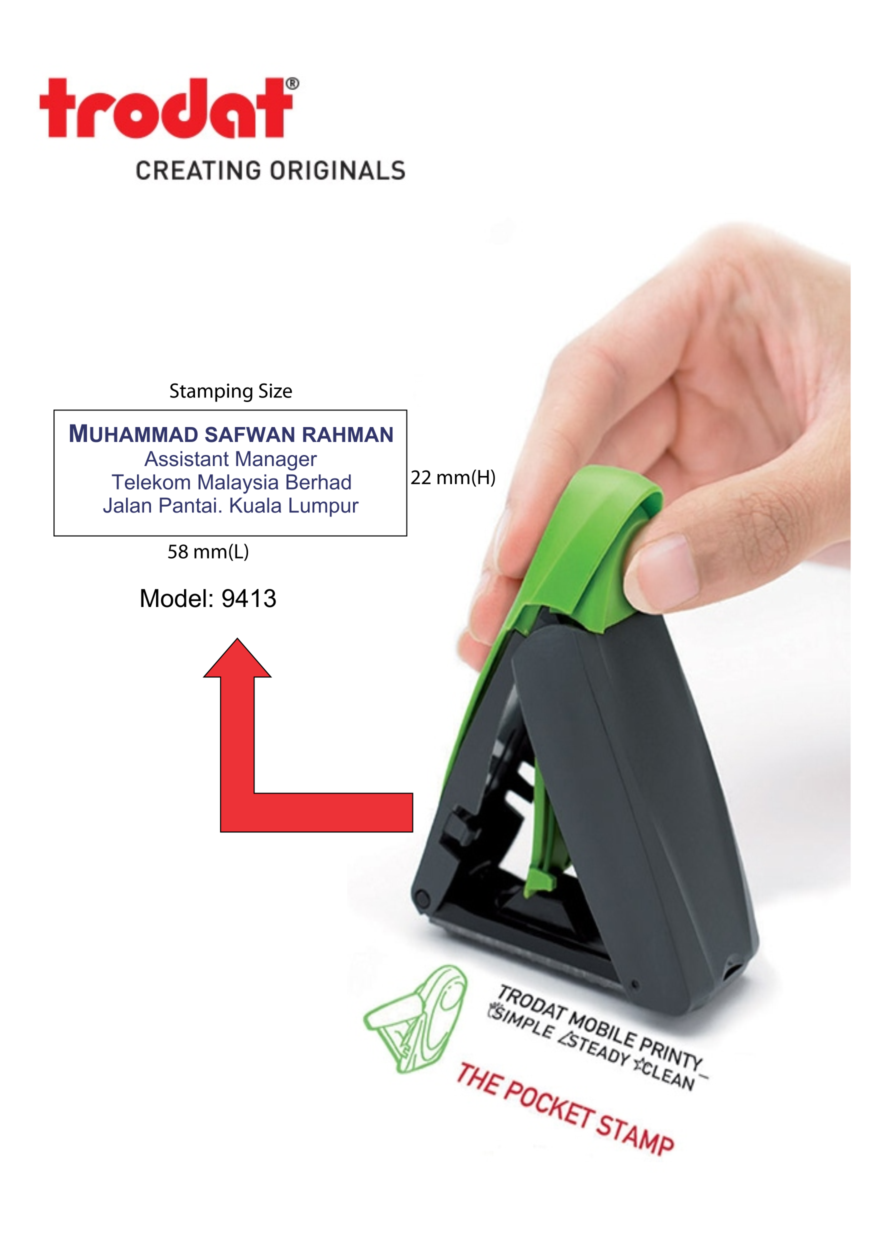 TRODAT POKET STAMP 9413 SIZE: 58 MM X 22MM ( HANDY)