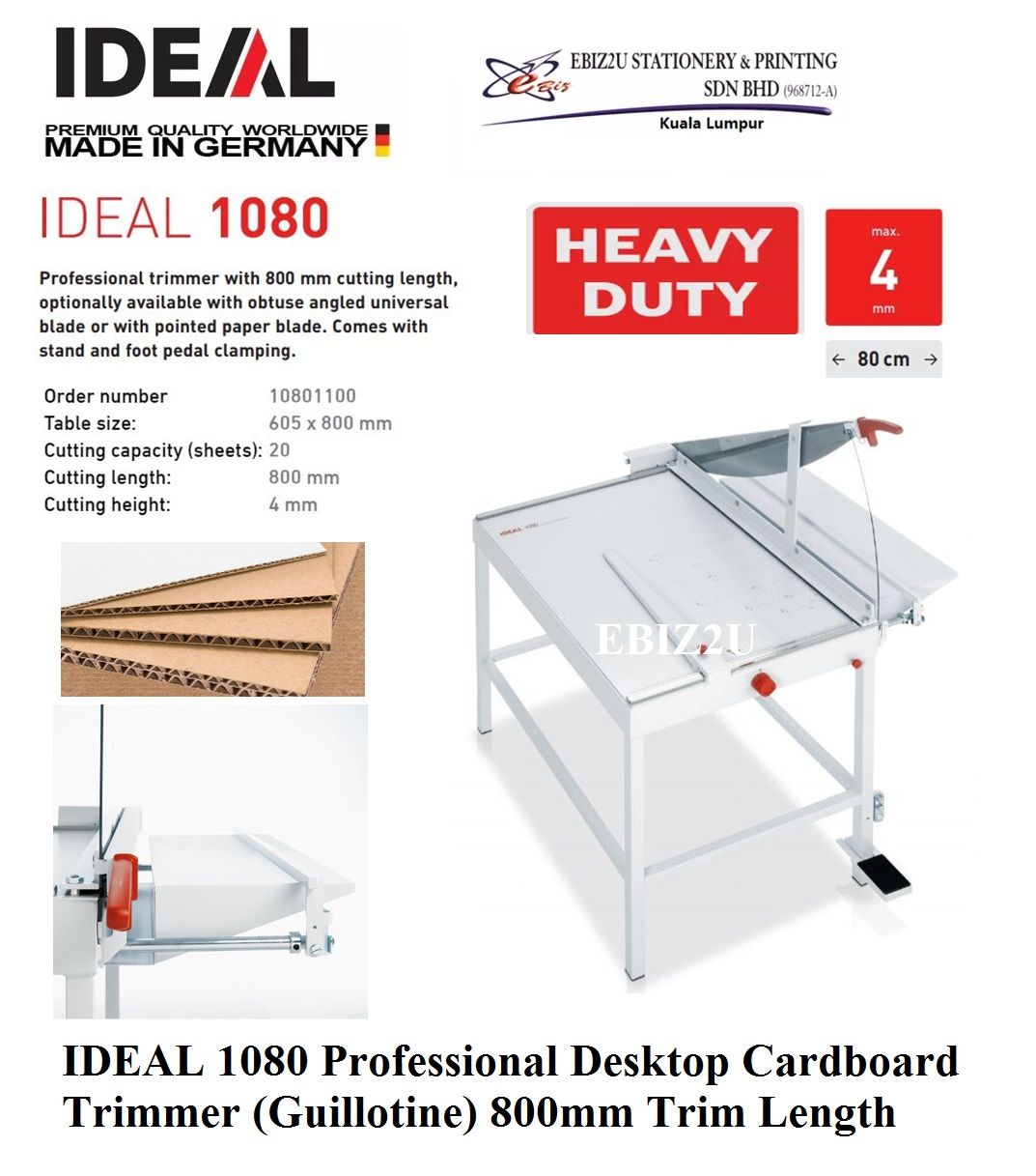 IDEAL 1080 Professional Desktop Cardboard Trimmer (Guillotine) 800mm Trim Length - 20 sheets (Pemotong Kertas, Paper Cutter, Paper Cutter, Paper Trimmer, Heavy Duty Cutter, A4, A3, A3, A1 paper cutter, Cardboard Cutter)