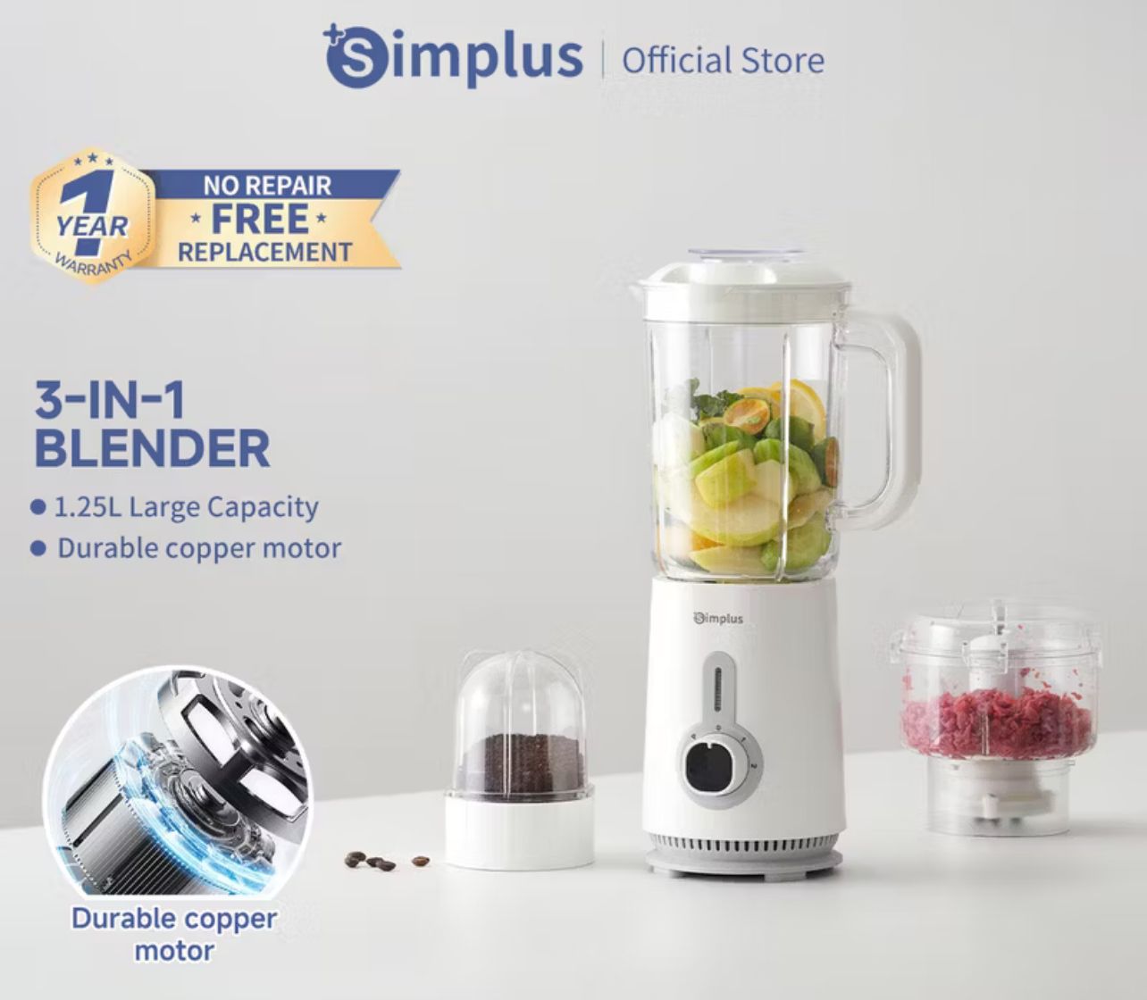 Simplus Multi-functional Blender | 1.25L Capacity | 380W Copper Motor | 3 Cups With 3 Blade Types | Juicer LLJH005
