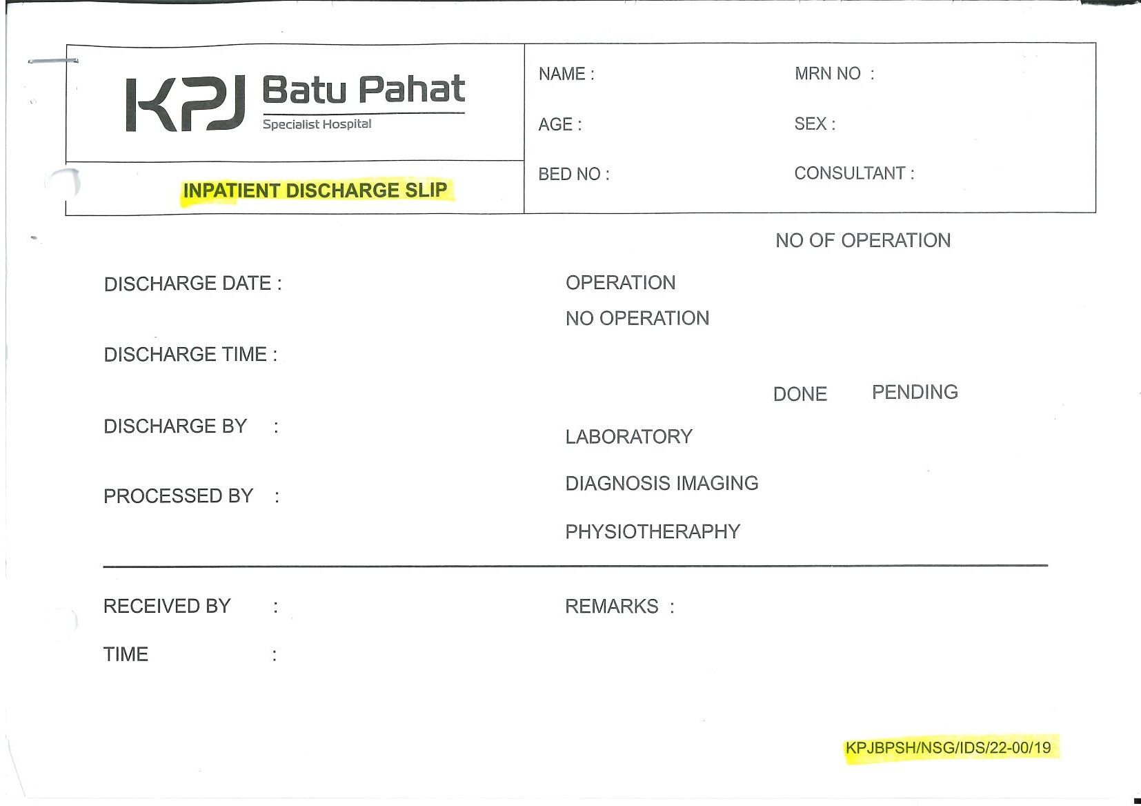Inpatient Discharge Slip
