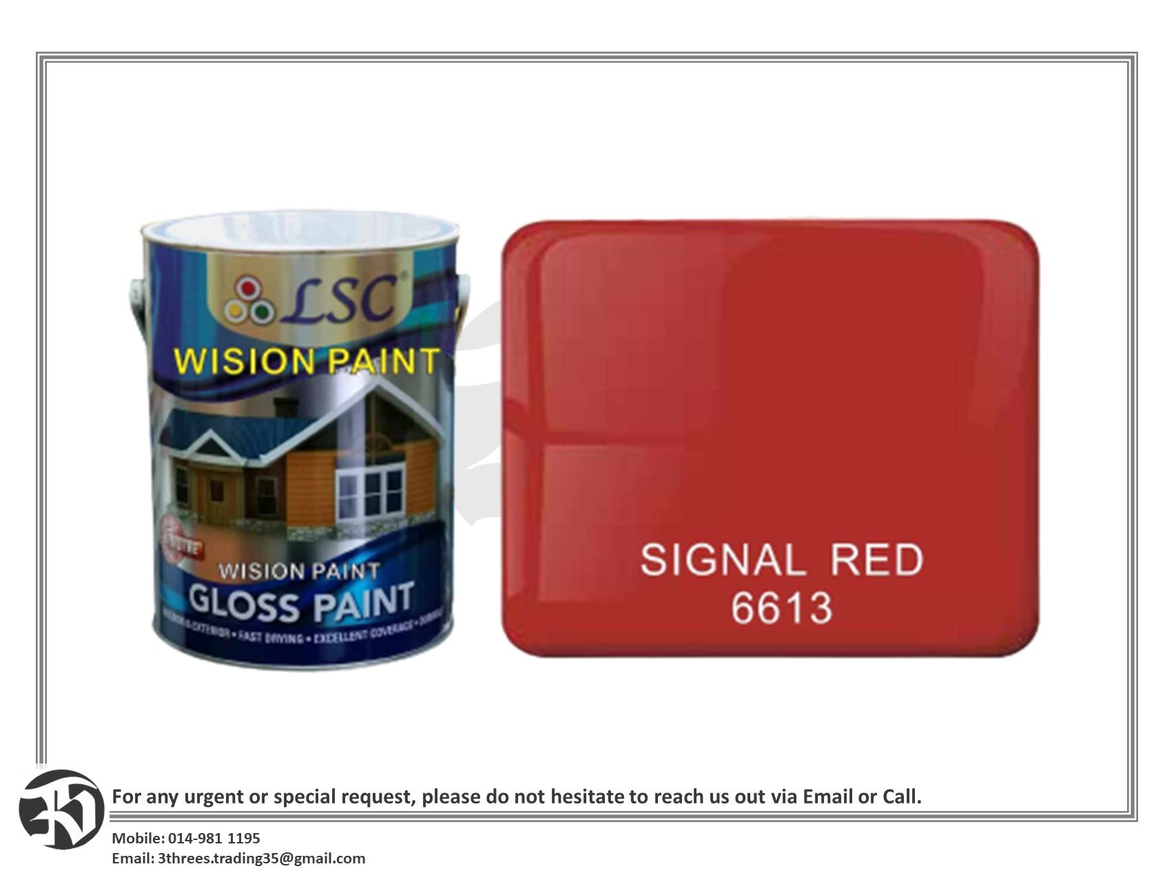 6613 SIGNAL RED ( 1 Liter or 5 Liter ) LSC High Gloss Paint For Wood And Metal - 1L / 5L