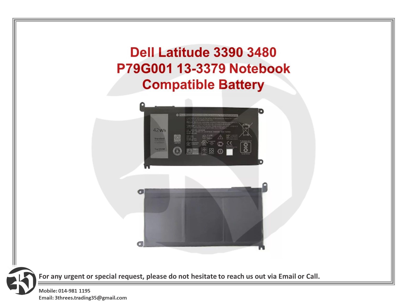 Dell Latitude 3390 3480 P79G001 13-3379 Notebook Compatible Battery