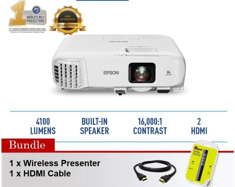 Epson EB-972 XGA 4100 lm 3LCD Projector With Free HDMI Cable and HDMI Wireless Dongle