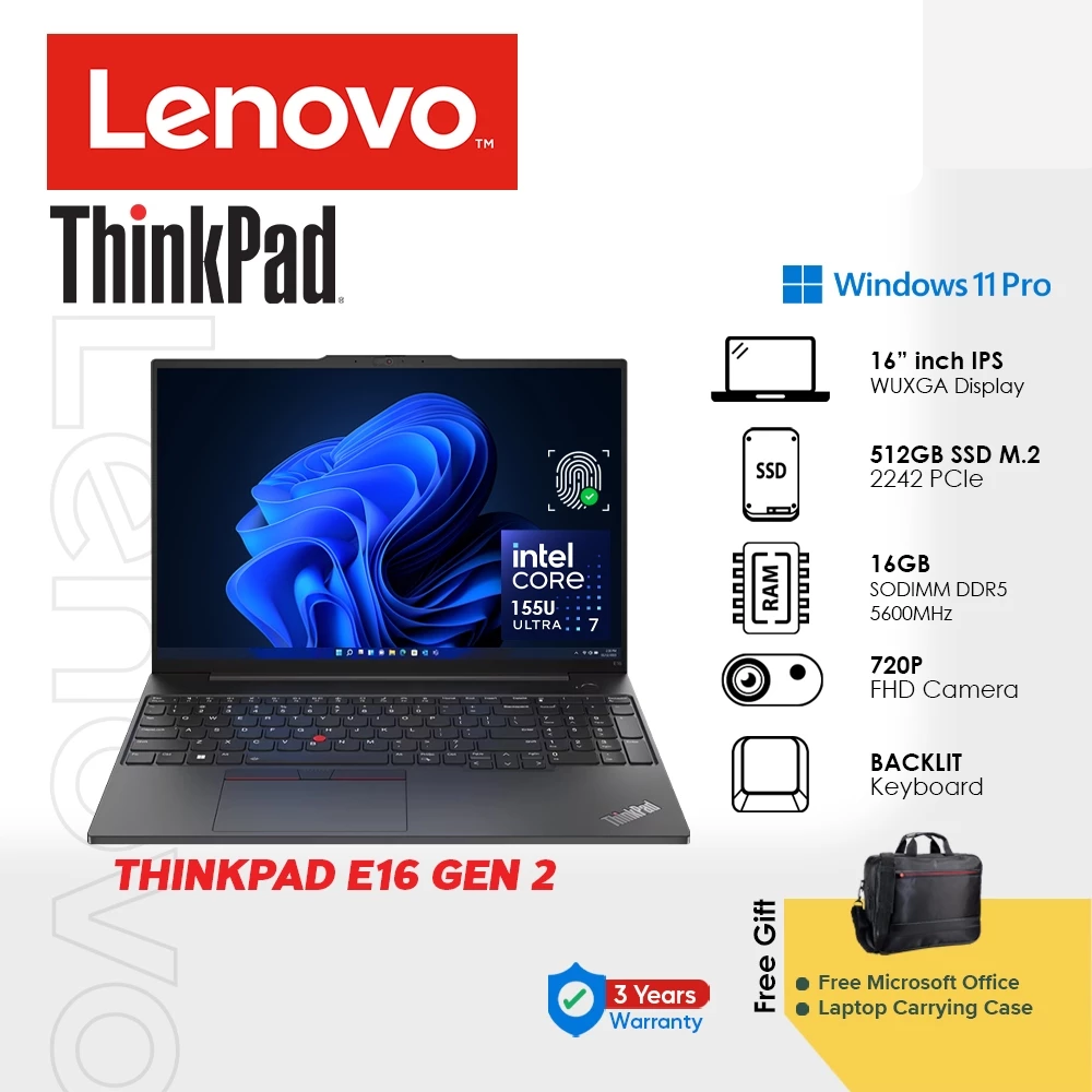 Lenovo 16" Thinkpad E16 Gen 2 ULT7 155U 16GB DDR5 512GB Win11Pro WUXGA IPS with Office 3Y Onsite