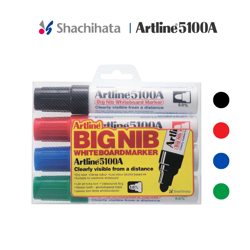 Artline 5100A / 5109A Whiteboard Marker 4pcs Colours Set - Medium Point 2.0mm - 5.0mm | Refillable  5100A