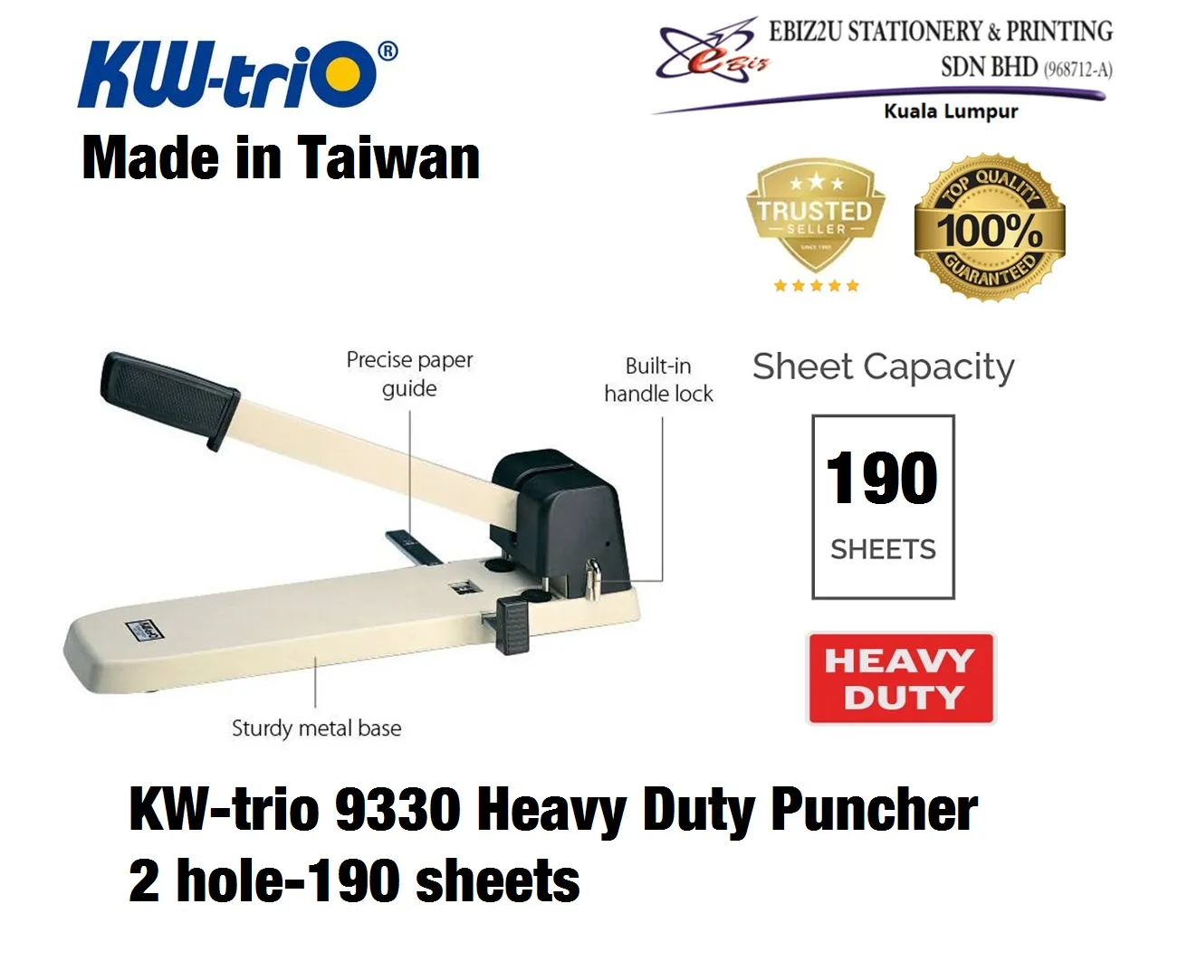KW-trio 9330 Heavy Duty Puncher 2 hole-190 sheets (penumbuk, puncher paper, 2 Hole Puncher, heavy duty puncher)