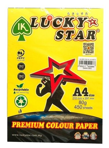 LUCKY STAR A4 Colour Paper 450 Sheets 80GSM Mix Colour / Kertas A4 Berwarna - Light Mix, Dark Mix, Cyber Mix