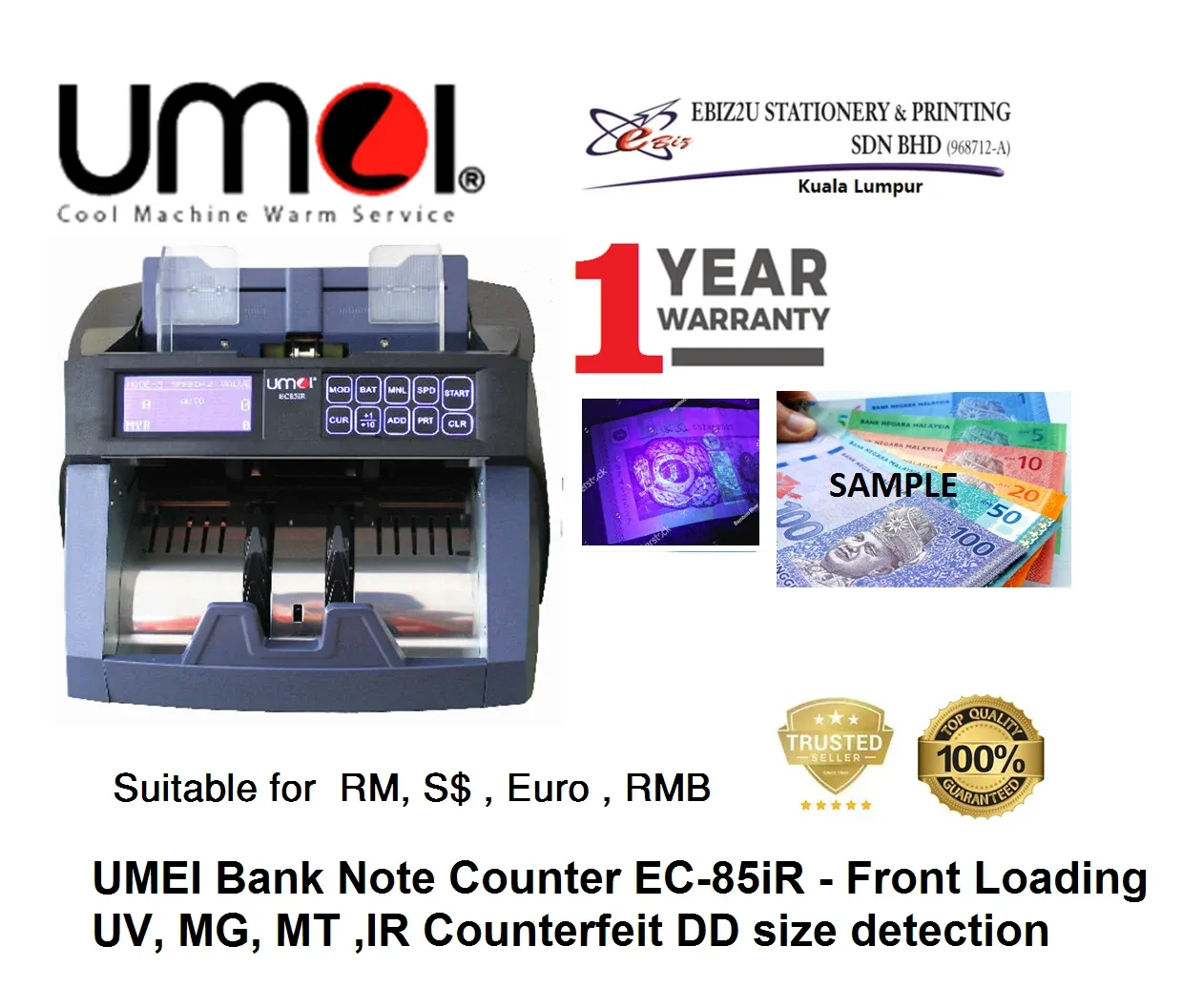 UMEI Bank Note Counter EC-85iR - Front Loading (note counter machine, Banknote Counter, Bill Counter, Money Counting Machine, Money Notes Counter, Money counter Machine, Cash Machine)