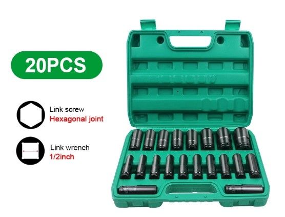20PCS 1/2Inch Long Impact Socket Set Black Deep Box Set Tool Set 8mm - 32mm Spanar Box Tool Wrench Socket Set